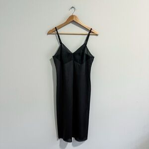 VANITY FAIR Vintage Black Full Slip LACE Hem 36 L Nylon Sleeveless MIDI Dress